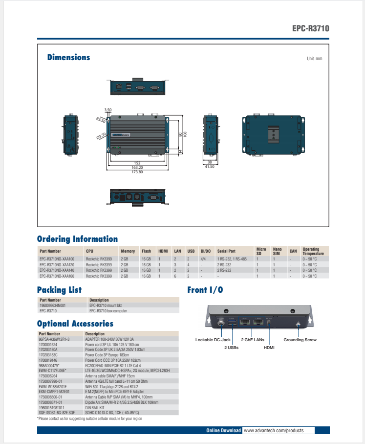 研華EPC-R3710 Rockchip RK3399 Cortex-A72 UIO40-Express Edge AI 工控整機(jī)， 4K display， 2xLan，