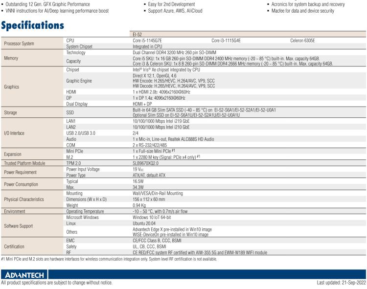 研華EI-52 研華EI-52，邊緣計(jì)算系統(tǒng)，支持 Intel 11th gen CPU，可選 Core i5 /i3 /Celeron 處理器，具備豐富擴(kuò)展接口 2 x LAN，2 x COM，6 x USB等，內(nèi)部可以通過 miniPCIe 或 M.2 擴(kuò)展AI加速卡實(shí)現(xiàn)工業(yè)AI機(jī)器視覺，搭載5G通訊模塊。