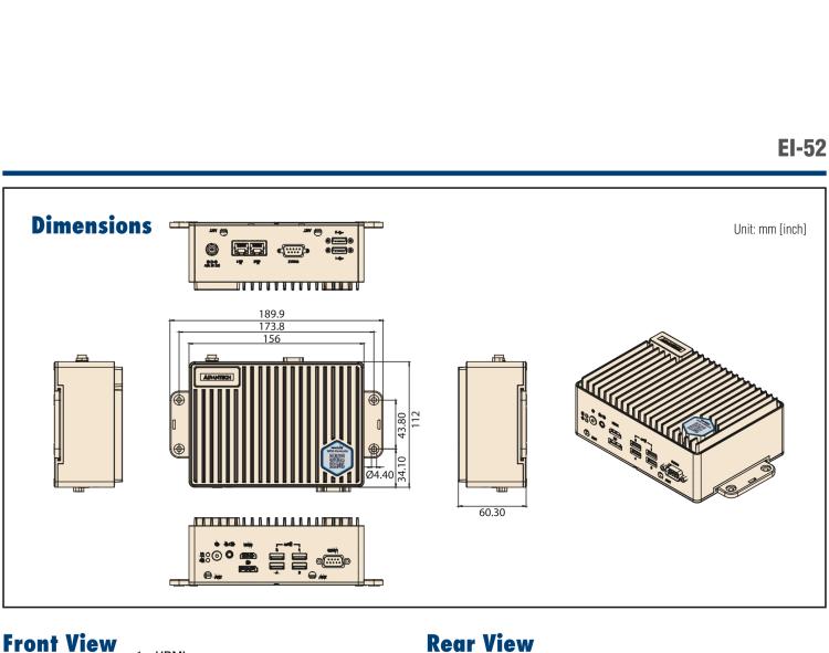 研華EI-52 研華EI-52，邊緣計(jì)算系統(tǒng)，支持 Intel 11th gen CPU，可選 Core i5 /i3 /Celeron 處理器，具備豐富擴(kuò)展接口 2 x LAN，2 x COM，6 x USB等，內(nèi)部可以通過 miniPCIe 或 M.2 擴(kuò)展AI加速卡實(shí)現(xiàn)工業(yè)AI機(jī)器視覺，搭載5G通訊模塊。
