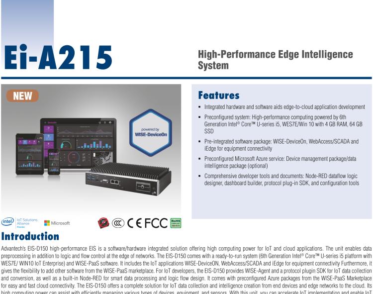 研華EI-A215 研華EI-A215，邊緣性計(jì)算系統(tǒng)，搭載Intel Core i5 6300U 處理器，4 GB內(nèi)存，64 GB 存儲(chǔ)，高性能邊緣智能設(shè)備，具備豐富擴(kuò)展接口 2 x LAN，4 x COM，6 x USB等，同時(shí)還可以擴(kuò)展 iDoor 或 ARK-Plus 模組增加更多的擴(kuò)展接口，搭配 5G 模塊。