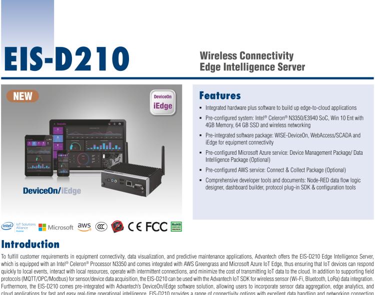 研華EIS-D210 研華EIS-D210，邊緣計(jì)算系統(tǒng)網(wǎng)關(guān)，Intel Celeron N3350 Dual Core SoC，最高支持 8 GB內(nèi)存，低功耗邊緣智能設(shè)備，具備豐富擴(kuò)展接口 2 x LAN，2 x COM，4 x USB，1 x VGA等，搭配 Wifi 或 4G 模塊，可以實(shí)現(xiàn)無線數(shù)據(jù)傳輸，體積非常小