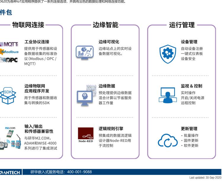 研華EIS-D620 研華EIS-D620，邊緣計算系統(tǒng)網(wǎng)關(guān)，基于Rockchip RK3399處理器，板載2GB內(nèi)存，16GB eMMC 存儲，低功耗邊緣智能設備，具備豐富擴展接口 2 x LAN，1 x COM，1 x USB，2 x HDMI等，體積非常小巧，適用于邊緣設備控制及數(shù)據(jù)采集等應用場景。
