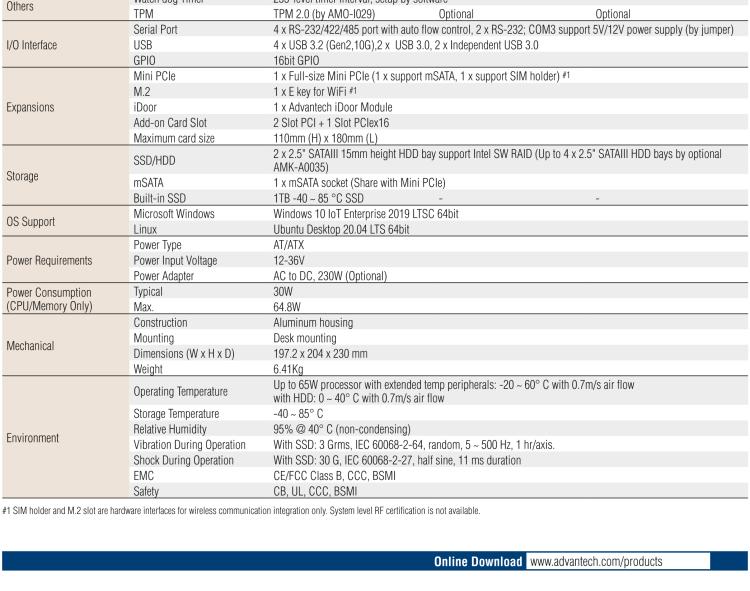 研華EIS-S232 研華 EIS-S232，邊緣計(jì)算系統(tǒng)服務(wù)器，支持Intel 第十代處理器，可選i3/i5/i7 Xeon CPU，DDR4 最高32GB，最多可支持4 x 2.5寸硬盤，具備豐富擴(kuò)展接口 2 x LAN，6 x COM，8 x USB，1 x PCIE，2 x PCI。產(chǎn)品生命周期長，穩(wěn)定可靠。