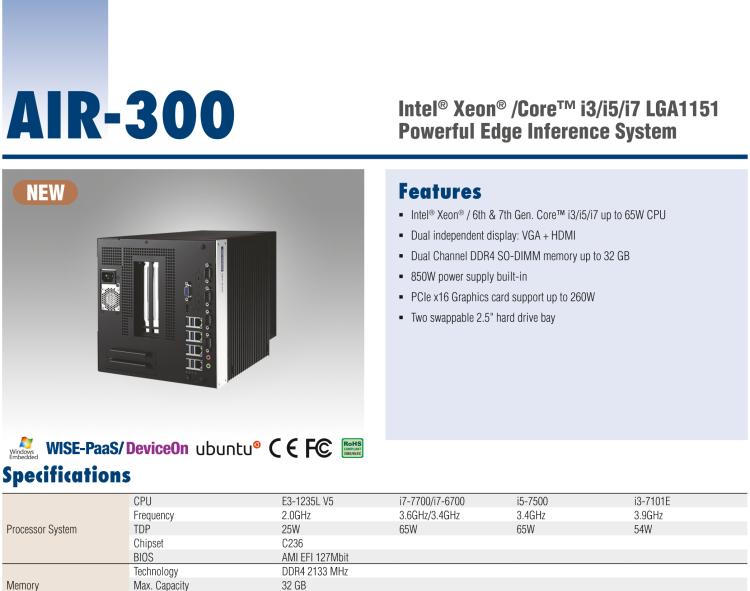 研華AIR-300 支持Intel Xeon / 6/7代Core?i3/i5/i7處理器，AI計(jì)算平臺(tái)，可擴(kuò)展 PCIe x16 GPU全尺寸卡