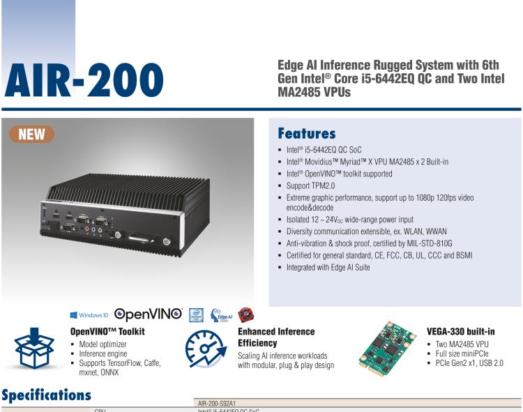 研華AIR-200 基于Intel Core i5-6442EQ處理器，AI計算平臺，內置Myriad X VPU * 2