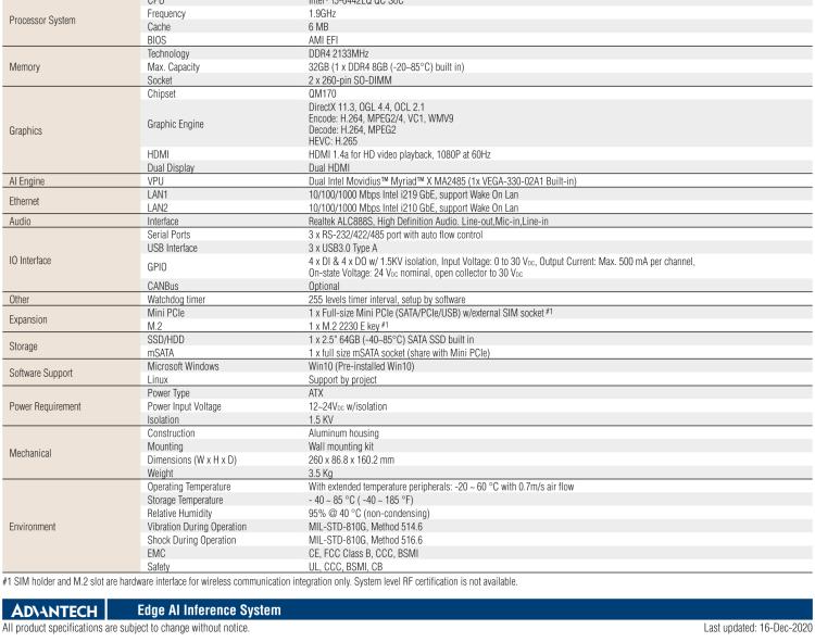 研華AIR-200 基于Intel Core i5-6442EQ處理器，AI計算平臺，內置Myriad X VPU * 2