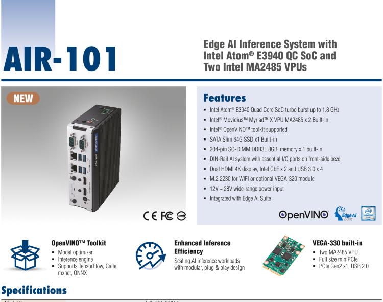 研華AIR-101 基于Intel Atom E3940處理器，AI計算平臺，內(nèi)置Myriad X VPU * 2