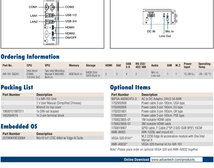 研華AIR-101 基于Intel Atom E3940處理器，AI計算平臺，內(nèi)置Myriad X VPU * 2