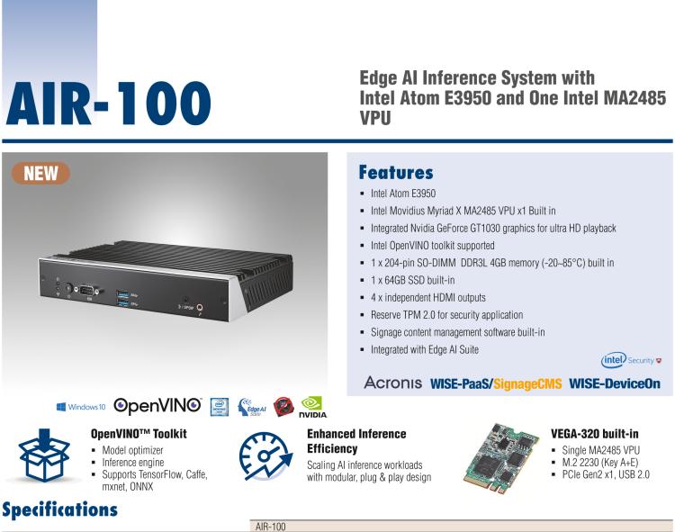 研華AIR-100 基于Intel Atom E3950處理器，AI計(jì)算平臺(tái)，內(nèi)置Myriad X VPU * 1