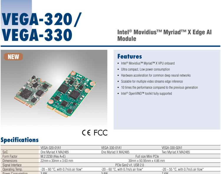 研華VEGA-330 基于Intel Movidius? Myriad? X VPU，miniPCIe Edge AI 模塊，VPU*2
