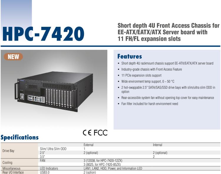 研華HPC-7420 用于EE-ATX/EATX/ATX主板的4U 短深度服務(wù)器機(jī)箱，帶有11個(gè)FH/FL擴(kuò)展插槽