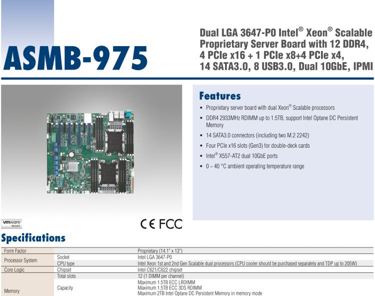 研華ASMB-975 雙路LGA3647-P0 Intel? Xeon? Scalable 服務(wù)器主板，帶12個(gè) DDR4, 4個(gè) PCIe x16 + 1個(gè) PCIe x8 + 4 個(gè)PCIx4, 14 個(gè) SATA3, 8 個(gè)USB3.0, Dual 10GbE, IPMI