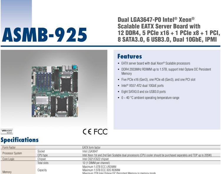 研華ASMB-925 雙路 LGA3647-P0 Intel? Xeon? Scalable EATX 服務(wù)器主板，帶12個(gè) DDR4，5個(gè) PCIe x16 + 1個(gè) PCIe x8 + 1 個(gè)PCI, 8個(gè) SATA3, 6 個(gè)USB3.0, Dual 10GbE, IPMI