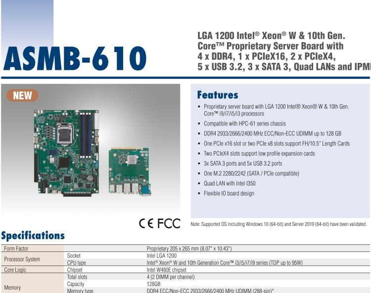 研華ASMB-610 LGA 1200 Intel? Xeon? W & 第十代 Core?專用服務(wù)器主板，帶4 x DDR4, 1 x PCIeX16, 2 x PCIeX4, 5 x USB 3.2, 3 x SATA 3, Quad LANs and和 IPMI