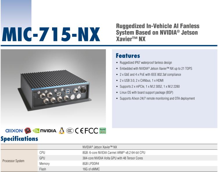 研華MIC-715 加固型AI 推理平臺(tái)，基于英偉達(dá)Jetson? Xavier NX，IP67防護(hù)等級(jí)