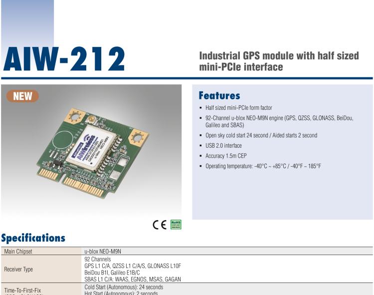 研華AIW-212 工業(yè)級 GNSS（GPS、GLONASS、BeiDou、Galileo、QZSS和SBAS）模塊，半尺寸 mini-PCIe 規(guī)格。