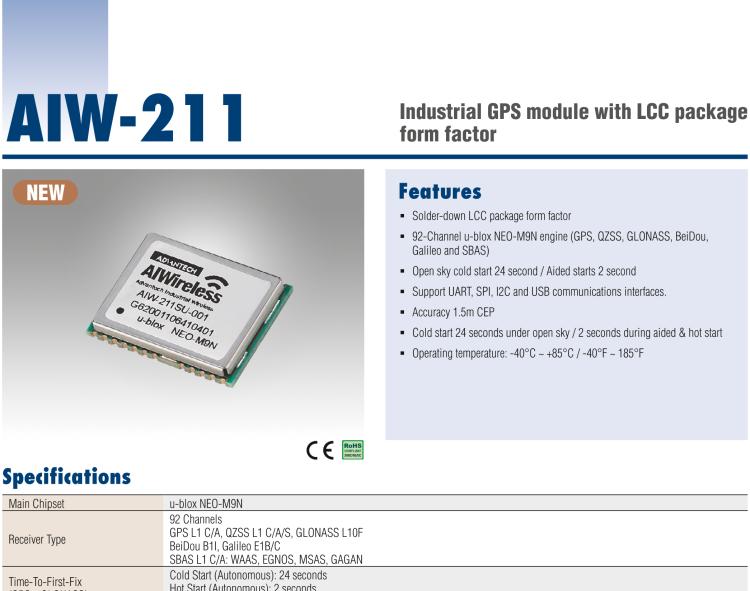 研華AIW-211 帶郵票型接口的工業(yè)級 GNSS（GPS、GLONASS、BeiDou、Galileo、QZSS和SBAS）模塊。