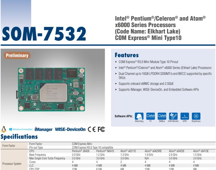 研華SOM-7532 Intel Pentium/Celeron 和 Atom x6000 系列 (Elkhart Lake) 處理器， COM Express Mini Type 10 模塊