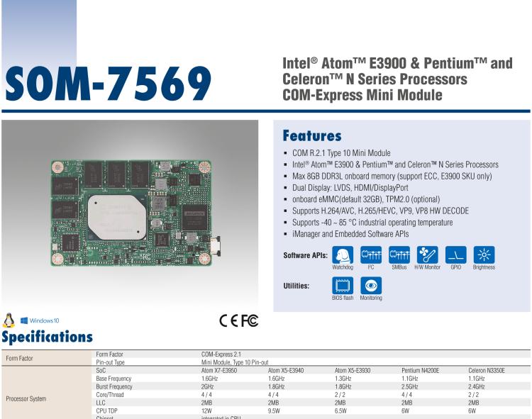 研華SOM-7569 Intel? Atom? E3900 & Pentium? 和 Celeron? N 系列處理器，COM-Express Mini 模塊