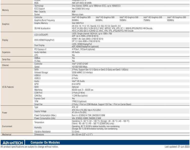 研華SOM-7569 Intel? Atom? E3900 & Pentium? 和 Celeron? N 系列處理器，COM-Express Mini 模塊