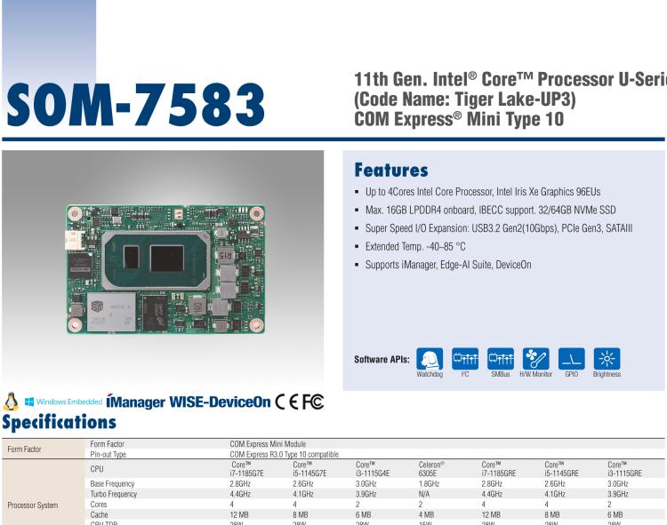 研華SOM-7583 第十一代 Intel? Core U系列處理器，COM Express Mini Type 10 模塊