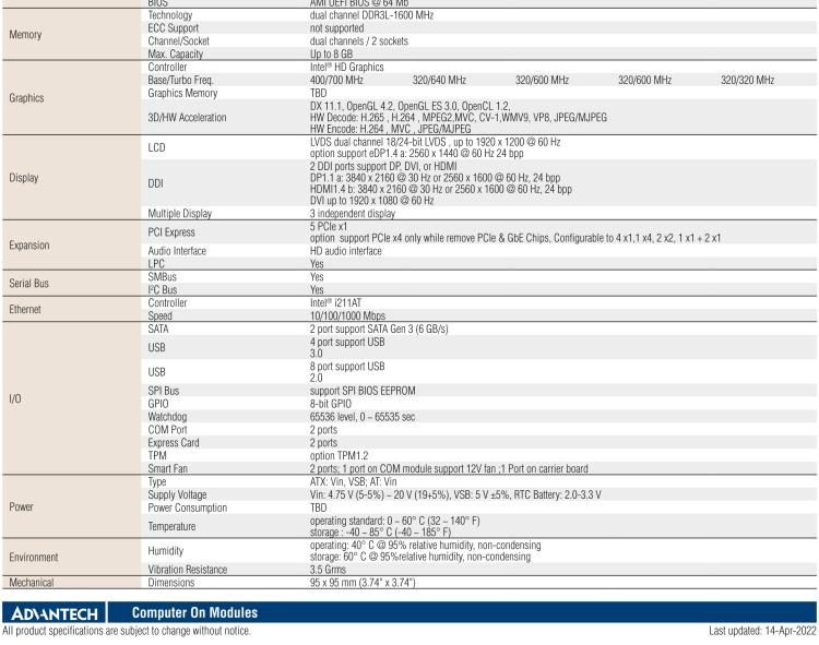 研華SOM-6868 Intel? Pentium?/Celeron? N3000 系列和 Atom ? SoC，COM Express Express Type 6 模塊