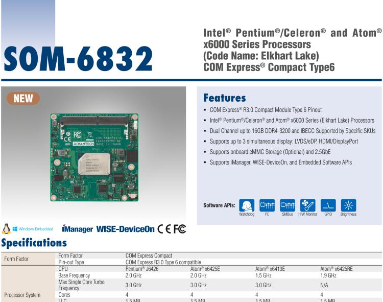 研華SOM-6832 Intel Pentium/Celeron 及 Atom x6000系列（Elkhart Lake）處理器，COM Express? Compact Type 6 模塊
