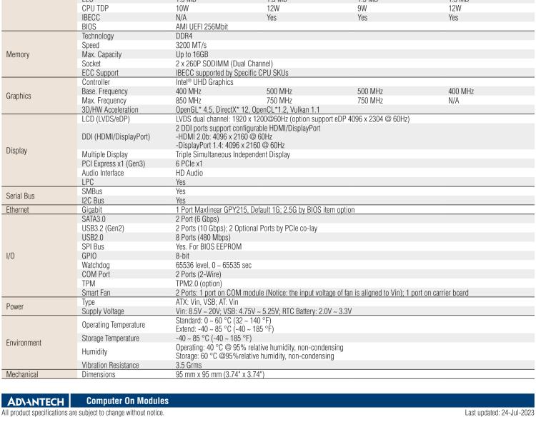 研華SOM-6832 Intel Pentium/Celeron 及 Atom x6000系列（Elkhart Lake）處理器，COM Express? Compact Type 6 模塊