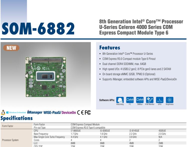 研華SOM-6882 第八代 Intel?Core 處理器，COM Express Compact R3.0 Type 6 模塊