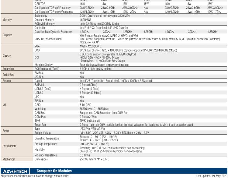 研華SOM-6883 第十一代Intel? Core?處理器U系列（代號：Tiger Lake-UP3），COM Express? Compact Type6