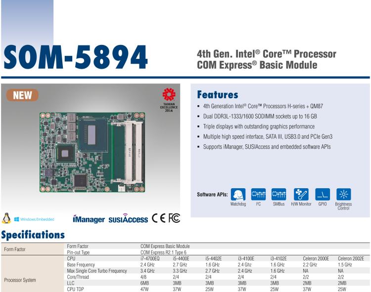 研華SOM-5894 第三代 Intel? Core?處理器， COM Express? Basic 模塊