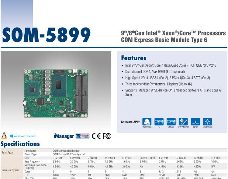 研華SOM-5899 第八代Intel Xeon/Core 處理器， COM Express Basic Type 6 模塊