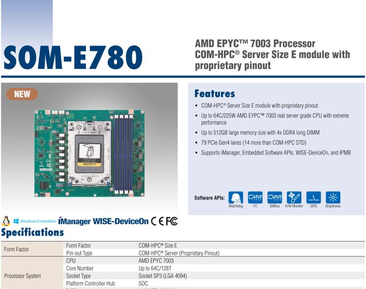 研華SOM-E780 AMD EPYC? 7003 COM-HPC? Server Size E 模塊，具有專有引腳