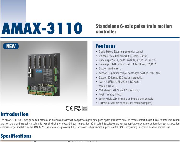 研華AMAX-3110 AMAX-3110是一個6軸脈沖序列獨立式運動控制器，一體化精巧的設計，節(jié)省空間