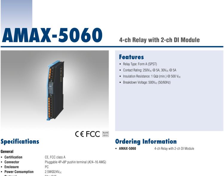 研華AMAX-5060 4路繼電器輸出與2路數(shù)字量輸入模塊 ，DC/AC 5A 帶載（插片式）