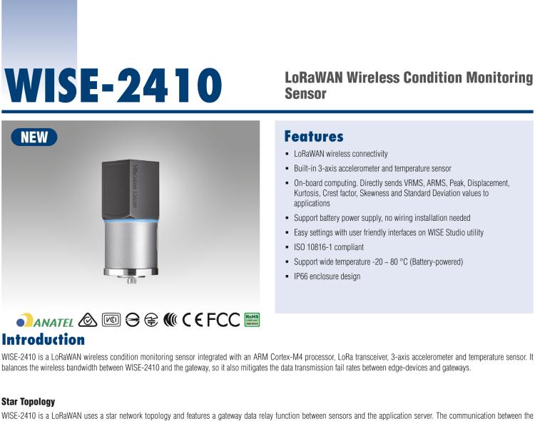 研華WISE-2410 WISE-2410是LoRaWA N無線振動溫度監(jiān)控傳感器，電池使用周期為2年。