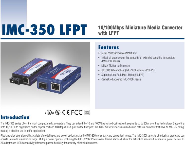 研華IMC-350-SFP-PS-A 緊湊型光電轉(zhuǎn)換器，100Base-TX/FX，SFP，AC適配器（也被稱為BB-855-10619）
