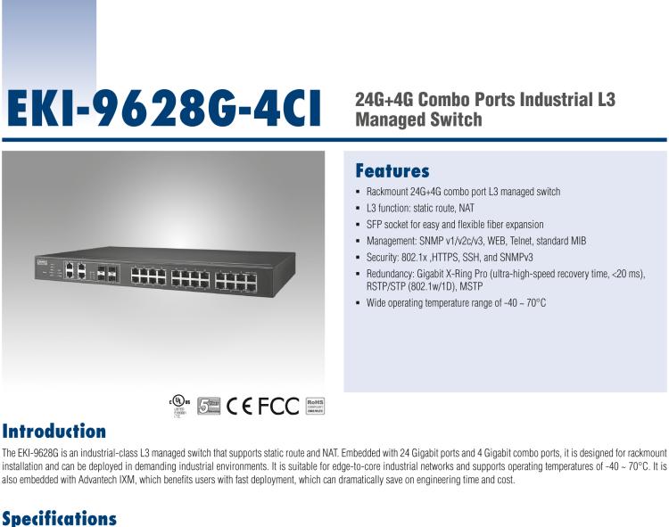 研華EKI-9628G-4CI 24GE+4G Combo端口 機(jī)架式三層工業(yè)以太網(wǎng)交換機(jī)，-40～75℃