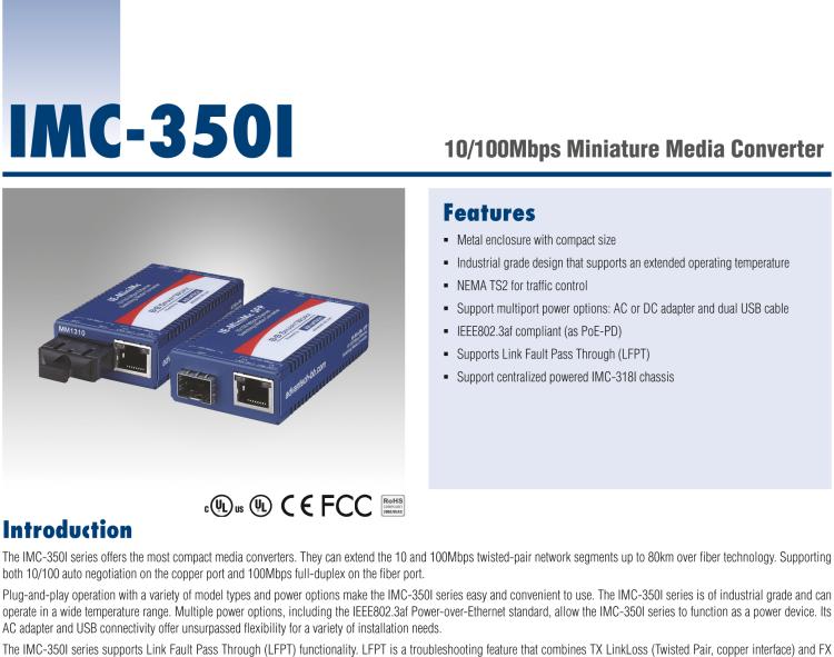 研華IMC-350I-MM-A 緊湊型光電轉(zhuǎn)換器，支持寬溫，100Base-TX/FX，多模1300nm，LFPT，5km，SC type