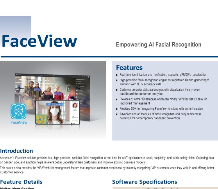 研華FaceView 研華 DeviceOn.FaceView是基于研華 IoT 設(shè)備的人臉識別軟件，支持性別、年齡、情感的數(shù)據(jù)收集，支持VPU/GPU加速。FaceView軟件在最新版本中正確識別率提升到了99.7%，可以支持遮擋檢測，也就是是否正確佩戴口罩，再搭配專業(yè)測溫攝像頭情況下，可以實現(xiàn)測量體溫。
