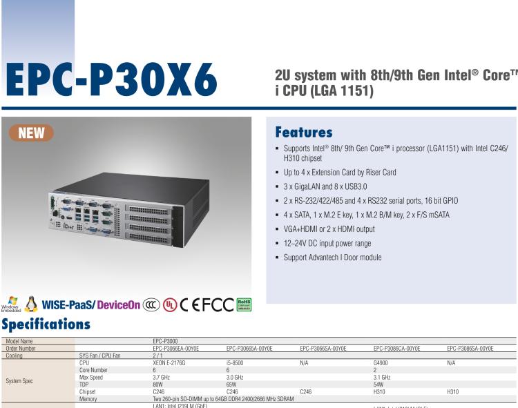 研華EPC-P3086 適配Intel? 第8/9代 Core i 系列處理器，搭載H310芯片組。2U高度，支持全長PCIe x16擴(kuò)展卡。接口豐富，性能強(qiáng)勁。