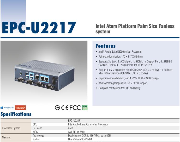 研華EPC-U2217 Intel Atom第六代Apollo Lake無風(fēng)扇嵌入式工控機(jī)，3LAN，板載eMMC，CANBUS