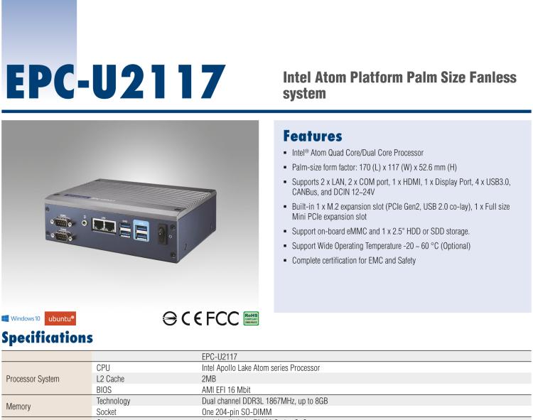 研華EPC-U2117 Intel Atom第六代Apollo Lake無(wú)風(fēng)扇嵌入式工控機(jī)，板載eMMC，CANBUS