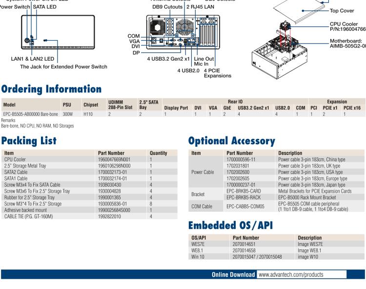 研華EPC-B5505 適配Intel? 第6/7代 Core ? i/Xeon E3系列處理器，搭載H110芯片組。標(biāo)準(zhǔn)4U上架，廣泛適用于各種行業(yè)。