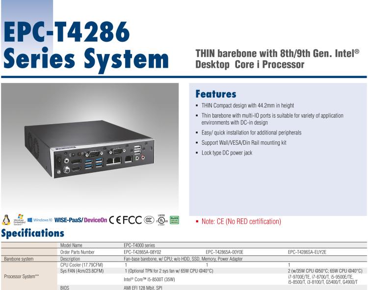 研華EPC-T4286 適配Intel? 第8/9代 Core? i 系列處理器，搭載H310芯片組。1U超薄高度，性能強(qiáng)勁。