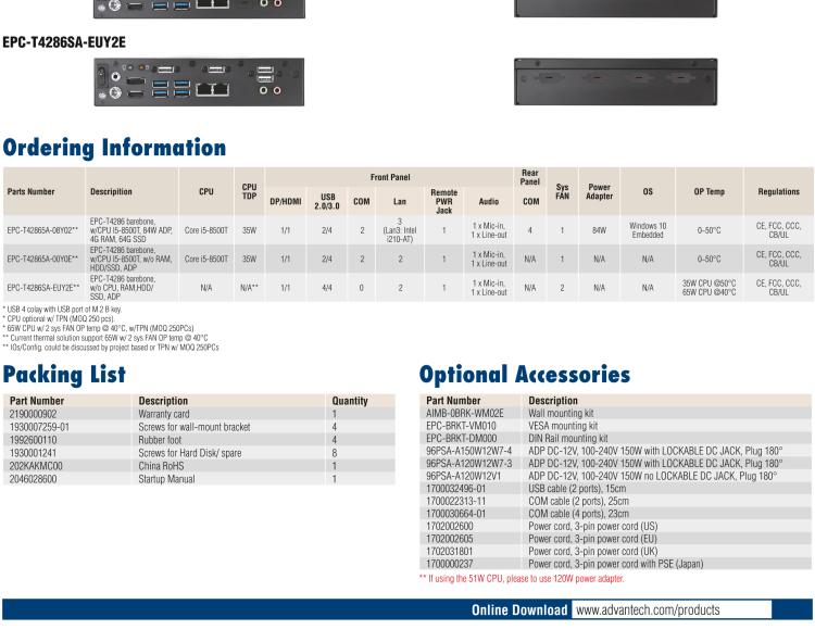 研華EPC-T4286 適配Intel? 第8/9代 Core? i 系列處理器，搭載H310芯片組。1U超薄高度，性能強(qiáng)勁。