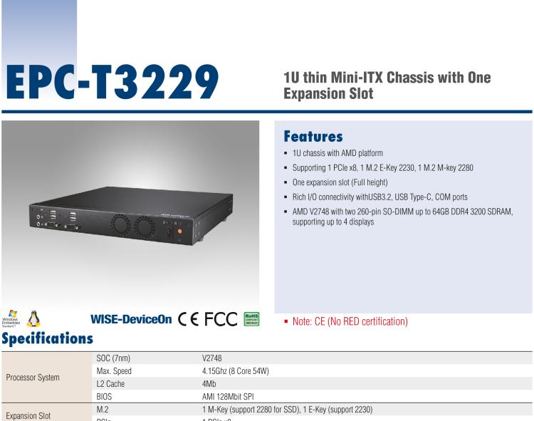 研華EPC-T3229 適配AMD V2748 處理器。擁有1個全高PCIe擴展位，1U高度，支持上架。適用于邊緣AI等行業(yè)。