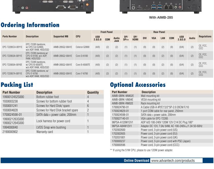 研華EPC-T2285 適配Intel? 第6/7代 Core? i 系列處理器，搭載H110芯片組。1U超薄高度，性能強(qiáng)勁。