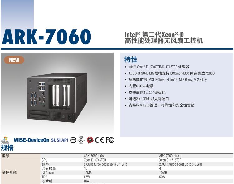 研華ARK-7060 搭載Intel二代Xeon D-1700高性能處理器系統(tǒng)，具有3個(gè)擴(kuò)展插槽