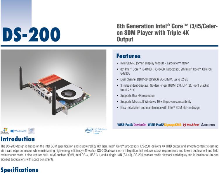 研華DS-200 Intel ? 第八代 Core? i3/i5 SDM，支持4K三顯的數(shù)字標(biāo)牌播放器
